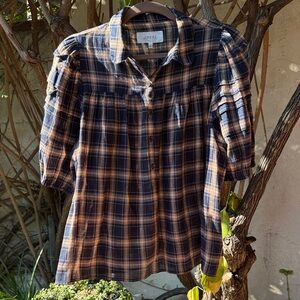 THE GREAT. Checkered Blouse in Navy and Beige